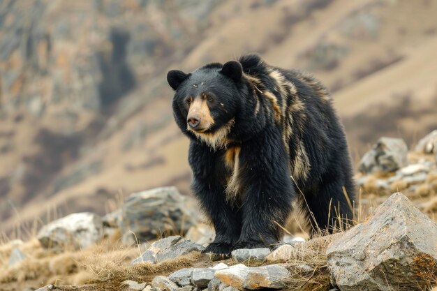 Closeup portrait of a whiteclawed Tian Shan bear in its natural habitat