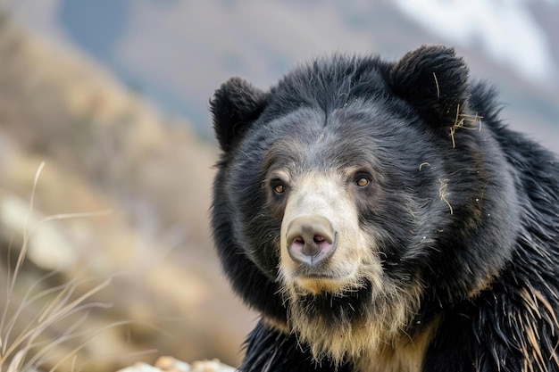 Closeup portrait of a whiteclawed Tian Shan bear in its natural habitat