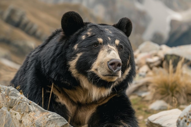 Closeup portrait of a whiteclawed Tian Shan bear in its natural habitat