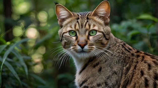 A closeup portrait of a wild cat showcasing its intense piercing eyes and sleek fur