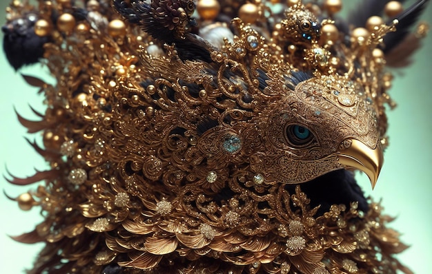 closeup portrait with a crown made of gold beautiful intricately detailed Japanese crow kitsune mask