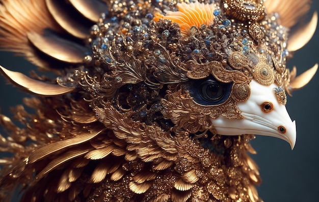 closeup portrait with a crown made of gold beautiful intricately detailed Japanese crow kitsune mask