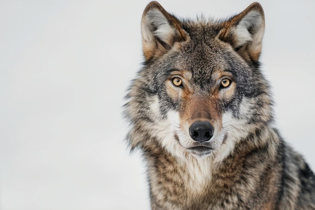 Closeup portrait of a wolf on a white background Gray wolf