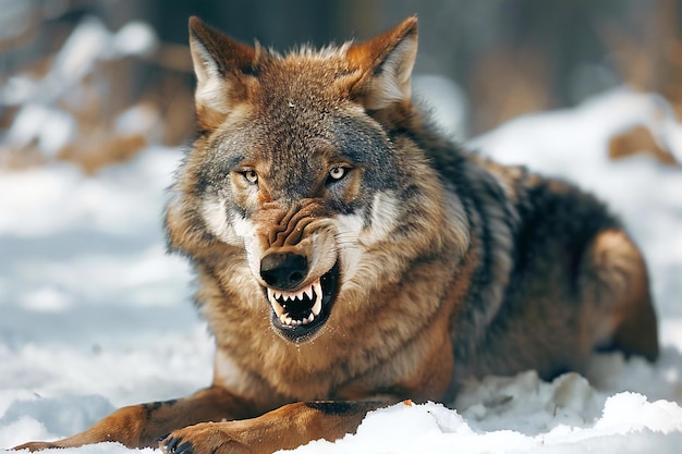 Closeup portrait of a wolf in the winter forest Wild animal