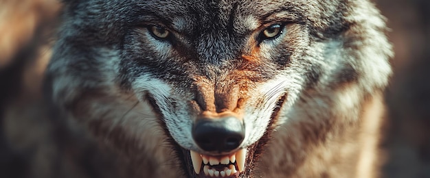 Closeup portrait of a wolf with its mouth open showing its teeth