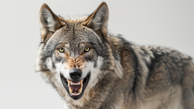 Photo a closeup portrait of a wolf with a menacing expression its sharp teeth bared and eyes pierci