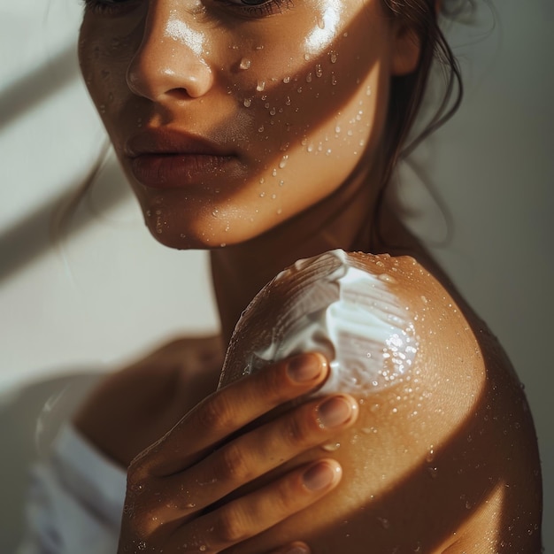 CloseUp Portrait of a Woman Applying Moisturizer on Sunlit Skin