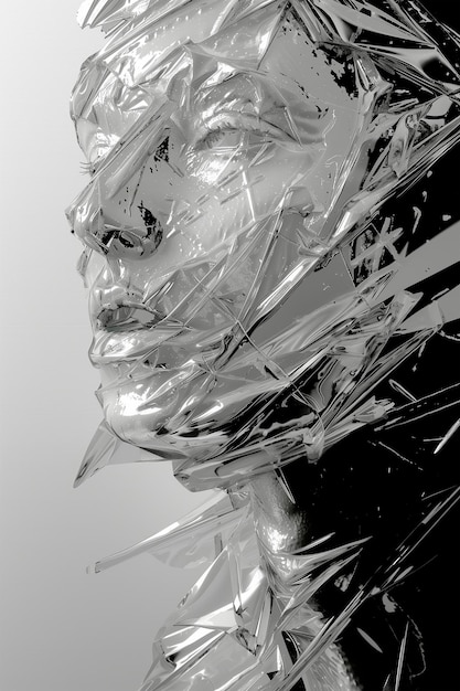 A closeup portrait of a woman face wrapped in reflective glass shards