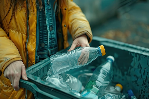 Closeup portrait woman hand throwing empty plastic water bottle in recycling bin