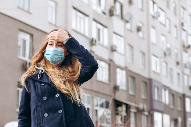 Closeup portrait of a woman in a medical mask on the street, epidemic of a coronavirus. woman violated the rules of self-isolation. SARS-CoV-2. protect yourself from COVID-19.