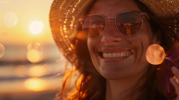 Closeup portrait of a woman smiling at sunset wearing sunglasses and a hat with golden light creating a soft warm glow on her face