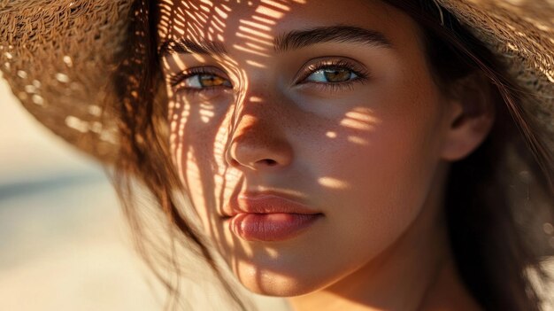 Photo closeup portrait of woman underneath a straw hat