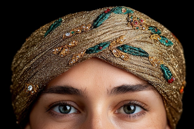 Photo closeup portrait of a woman wearing an ornate golden headpiece