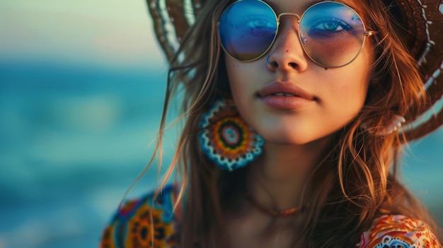 A closeup portrait of a woman wearing a straw hat blue sunglasses and colorful earrings The photo is taken against a blue background of a sunny sky and water