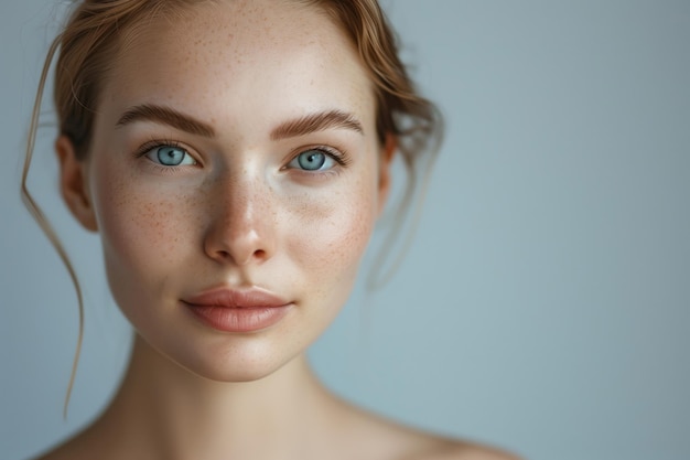 Photo closeup portrait of a woman with bare shoulders and blue eyes