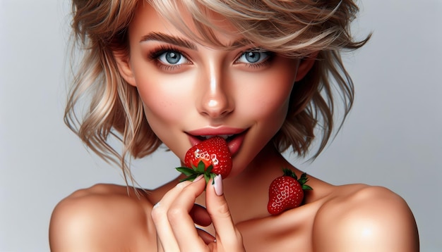 Photo closeup portrait of a woman with blond hair and blue eyes holding a strawberry to her lips