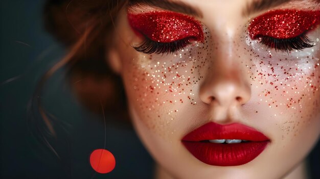 Closeup portrait of a woman with bold red glitter eyeshadow long eyelashes and red lipstick for Christmas Concept Closeup Portrait Woman Red Glitter Eyeshadow Long Eyelashes Red Lipstick