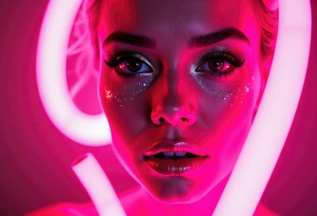 Photo closeup portrait of a woman with bright pink neon light behind her