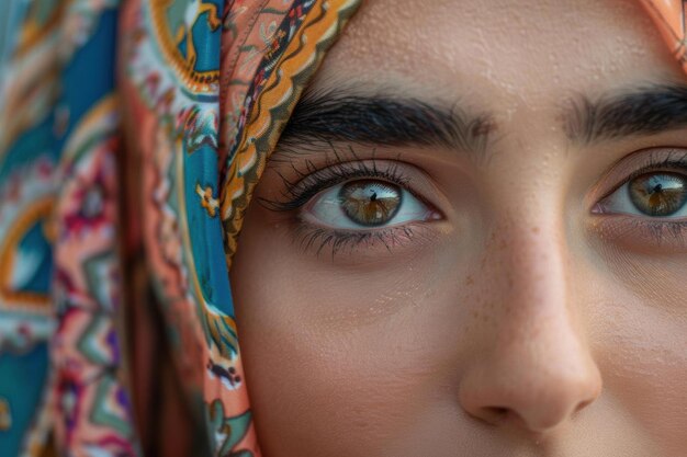 Closeup Portrait of Woman with Brown Eyes and a Floral Headscarf