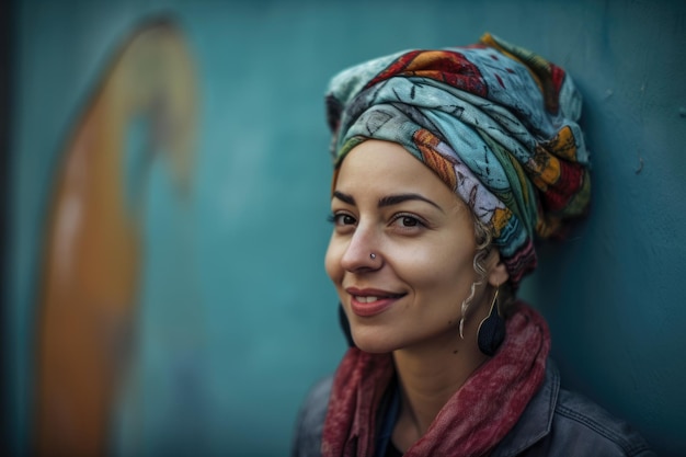 CloseUp Portrait of a Woman with a Colorful Headscarf and a Denim Jacket Against a Textured Wall