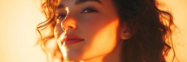 Photo a closeup portrait of a woman with curly hair illuminated by warm sunlight