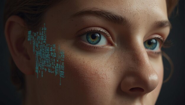 CloseUp Portrait of a Woman with Digital Code Reflected on Her Face and Bright Blue Eyes