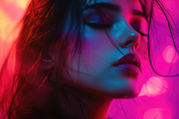 Photo closeup portrait of a woman with eyes closed illuminated by neon lights