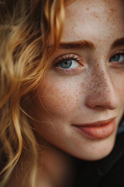 Photo closeup portrait of a woman with freckles and blue eyes smiling