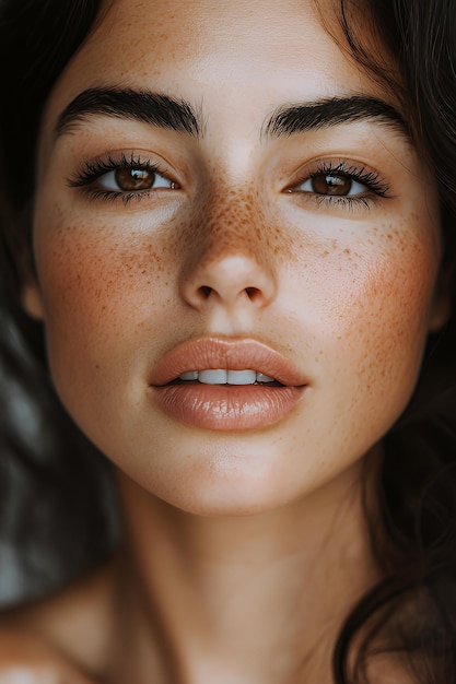 Photo closeup portrait of a woman with freckles and brown eyes looking at the camera