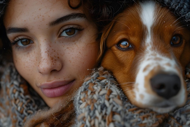 Photo closeup portrait of a woman with freckles and her dog in cozy scarves