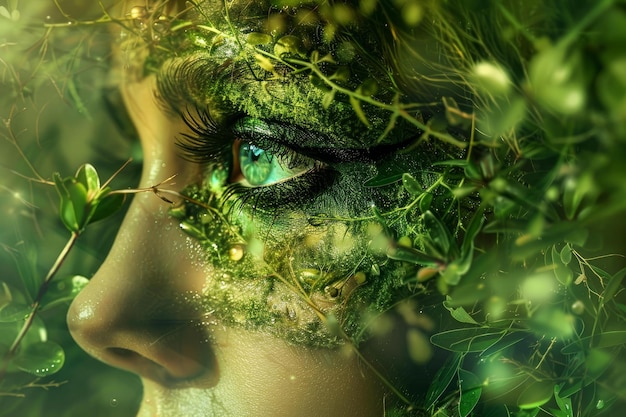 Closeup portrait of a woman with a mystical greeneryinspired makeup design