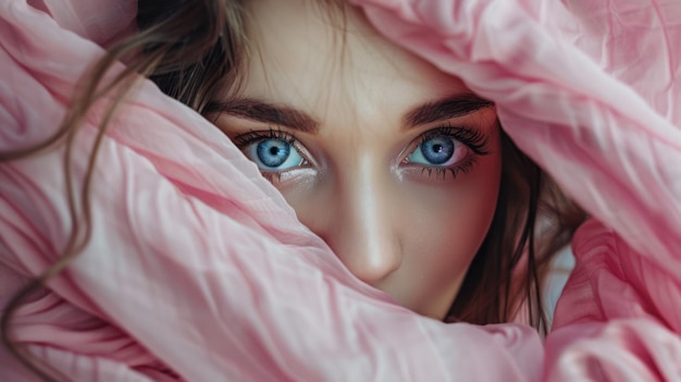 Photo closeup portrait of a woman with pink fabric