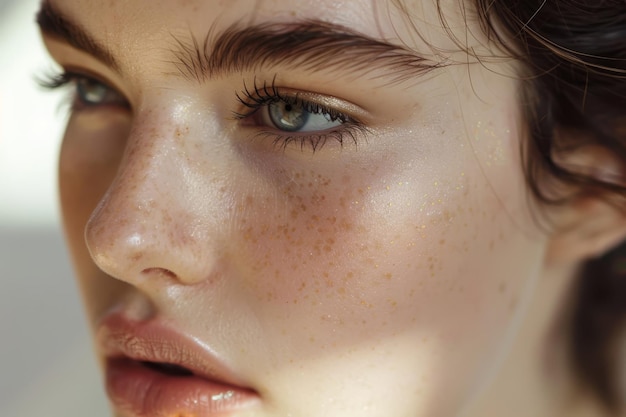 A closeup portrait of a woman with smooth flawless skin and subtle freckles Smooth and flawless skin with a subtle sheen