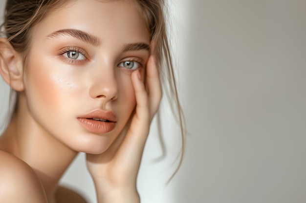 Photo closeup portrait of a woman with soft makeup and natural beauty