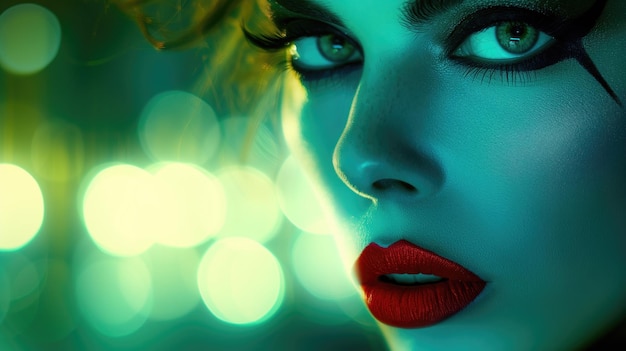 Closeup portrait of a woman with stylized makeup in green and blue tones