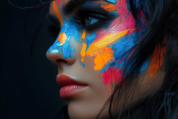 A closeup portrait of a woman with vibrant colorful face paint