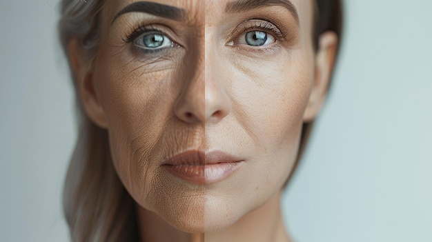 Photo closeup portrait of a woman39s face with half showing wrinkles and the other half smooth