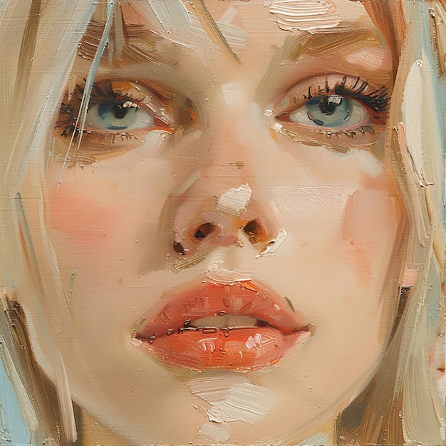 CloseUp Portrait of a Womans Face Realistic Oil Painting with Expressive Brushstrokes and Luminous Colors