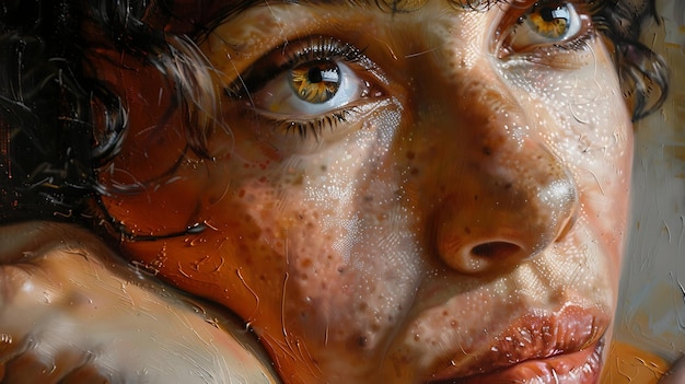 Photo closeup portrait of a womans face showing her eye nose and lips painted with hyperrealistic detail