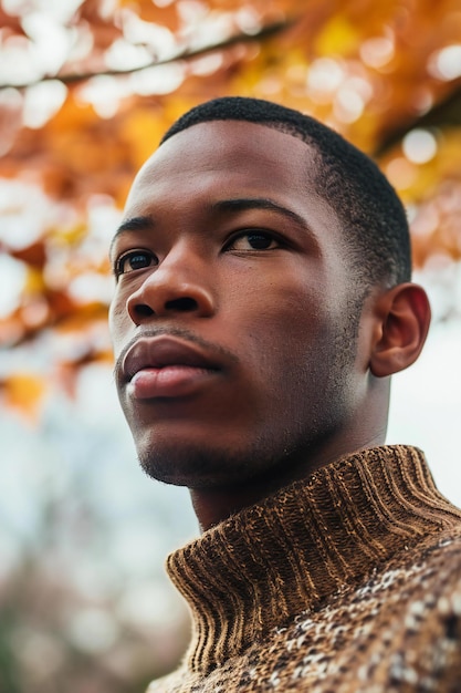 Closeup portrait of a young african american man in autumn park