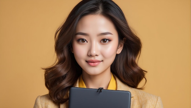 closeup portrait of young Asian girl holding tablet with bag