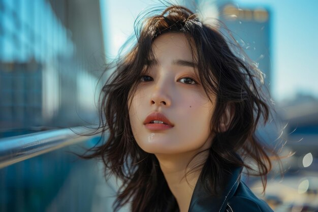 Closeup Portrait of a Young Asian Woman with WindBlown Hair and Natural Makeup in Urban Setting