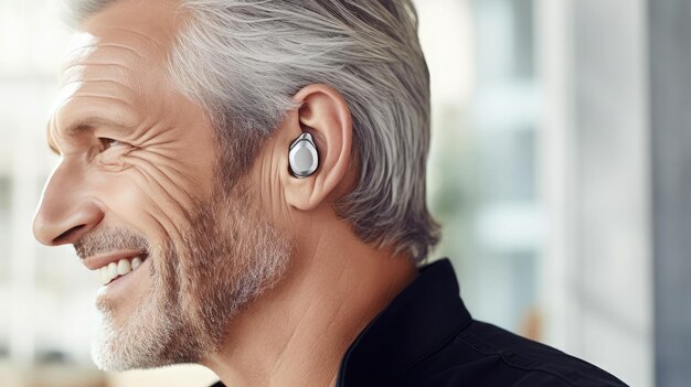 Closeup portrait of a young beautiful man who wears a hearing aid