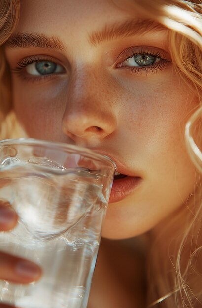 Photo closeup portrait of a young beautiful woman with a glass of water in the style of a magazine cover