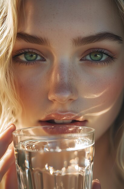 Photo closeup portrait of a young beautiful woman with a glass of water in the style of a magazine cover