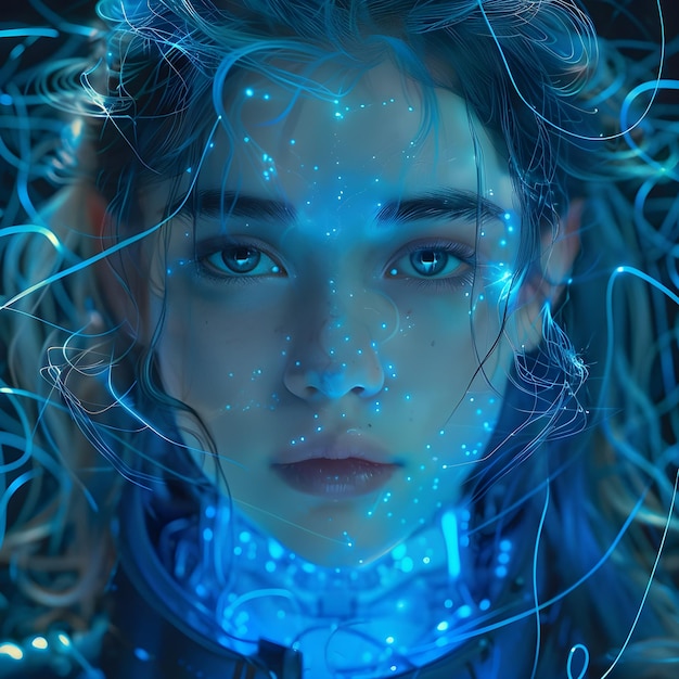 Closeup portrait of a young and beautiful woman with a virtual hologram on her eyes laser medicine and safety technology concept future technology AI generation