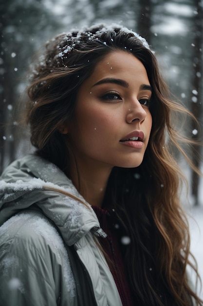 Closeup portrait of a young brunette woman in a winter forest during a snowfall