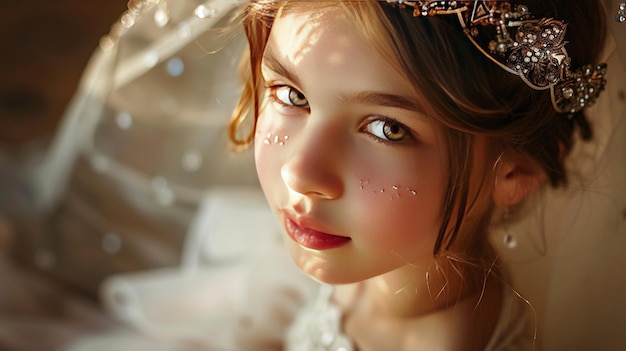 Photo a closeup portrait of a young girl wearing a sparkling tiara and a flowing gown