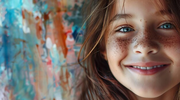 Photo closeup portrait of a young girl with freckles smiling