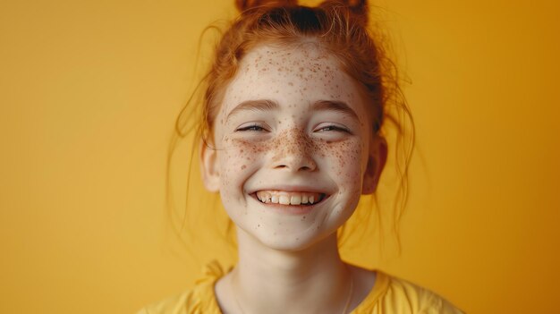 Photo a closeup portrait of a young girl with red hair and freckles smiling at the camera